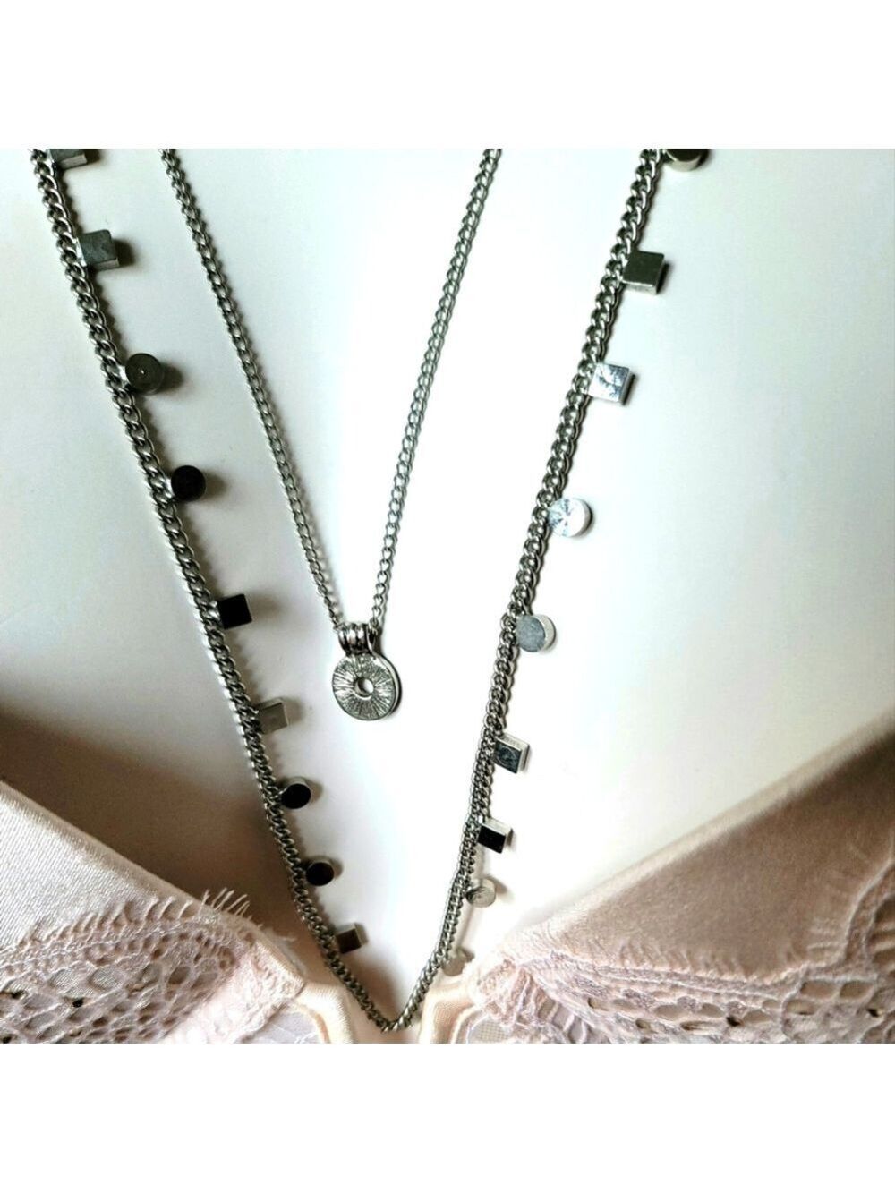Fashion Aztec Design Double Chain Silver Pendant Necklace 30" - Picture 4 of 10
